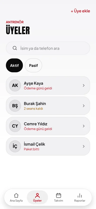 PTCore üye listesi ekranı